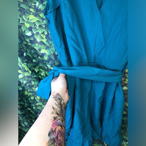 VENUS Teal Blue Wrap Romper with Flutter Sleeves - Picture 4 of 16